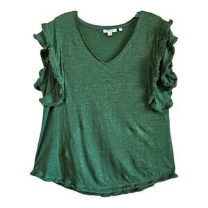 CHICO'S 2 Women's L 100% Linen Top Green Fringe Short Flutter Sleeve 38"